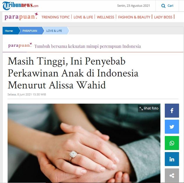 Masih Tinggi, Ini Penyebab Perkawinan Anak di Indonesia Menurut Alissa Wahid